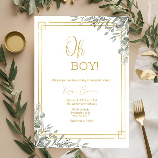 Oh Boy Elegant Greenery & Gold Baby shower Kaart
