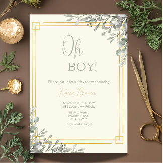 Oh Boy Elegant Greenery & Gold Baby shower Kaart