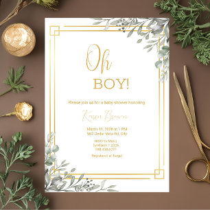 Oh Boy Elegant Greenery & Gold Baby shower Kaart