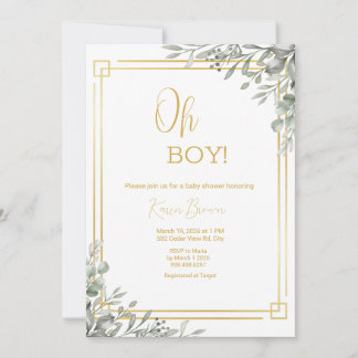 Oh Boy Elegant Greenery & Gold Baby shower Kaart