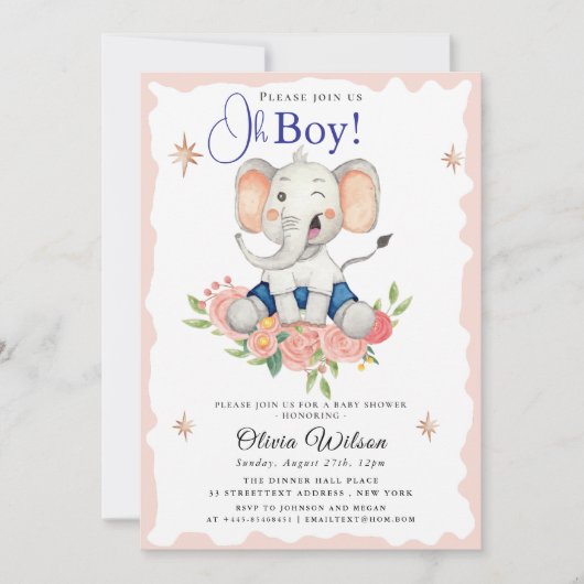 Oh Boy Elephant Baby Shower Invitation Kaart (Voorkant)