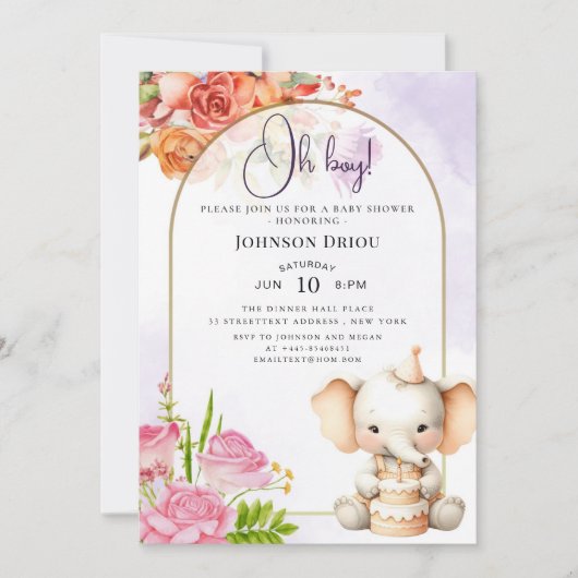 Oh Boy Elephant Baby Shower Invitation Kaart (Voorkant)