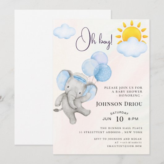 Oh Boy Elephant Baby Shower Invitation Kaart (Voorkant / Achterkant)