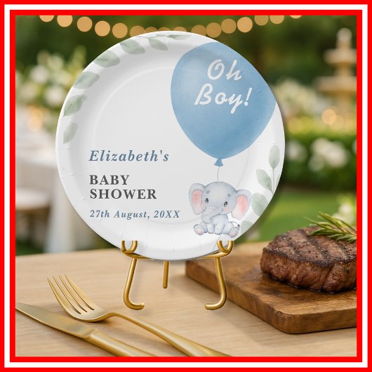 Oh Boy Elephant Balloon Eucalyptus Baby Shower Papieren Bordje