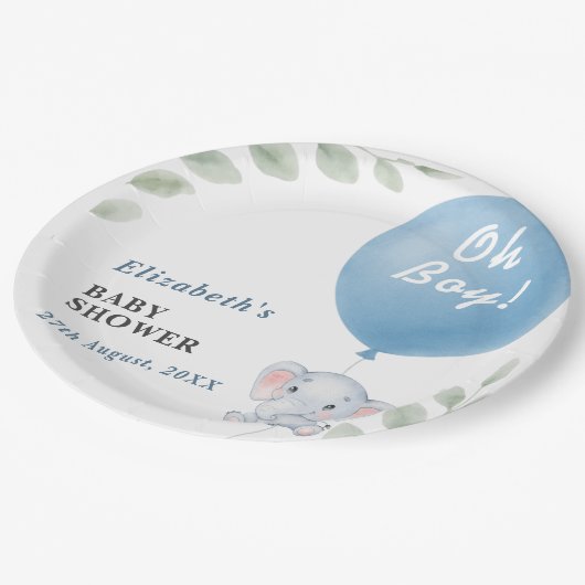 Oh Boy Elephant Balloon Eucalyptus Baby Shower Papieren Bordje (Gekanteld)