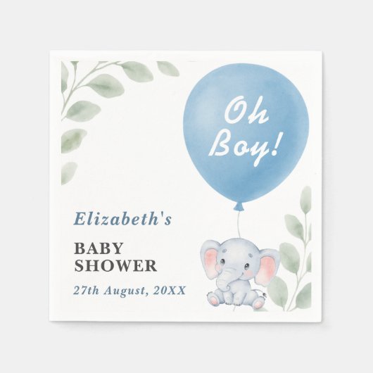 Oh Boy Elephant Balloon Eucalyptus Baby Shower Servet (Voorkant)