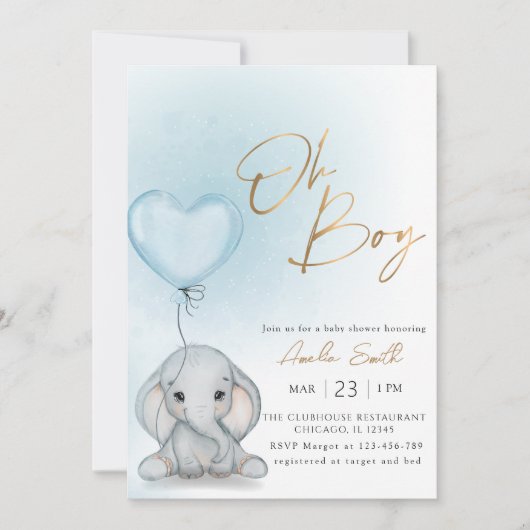 Oh Boy Elephant Blue Balloon Boy Baby shower Kaart (Voorkant)