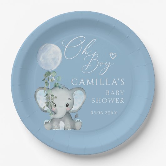 Oh Boy Elephant Boy Balloon Baby shower Papieren Bordje (Voorkant)