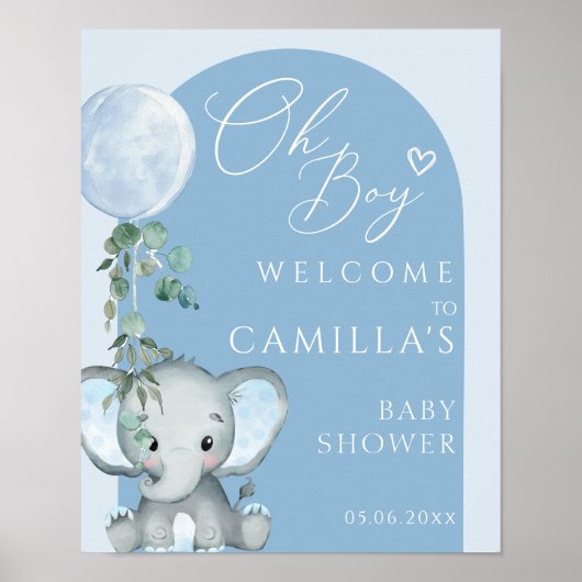 Oh Boy Elephant Boy Balloon Baby shower Welkom Poster (Voorkant)