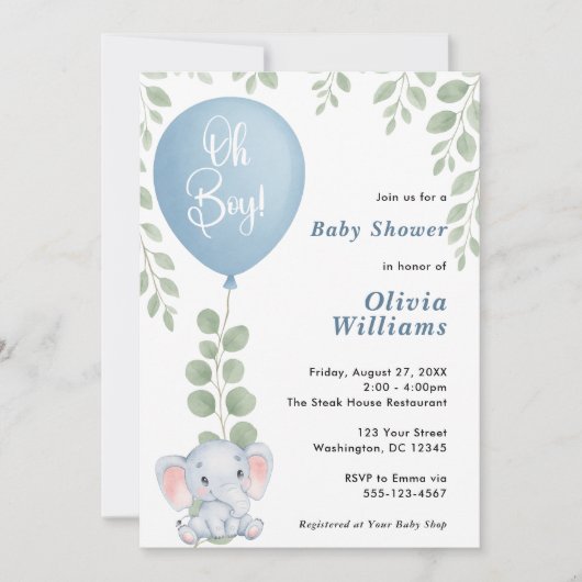 Oh Boy Elephant Eucalyptus Balloon Baby shower Kaart (Voorkant)