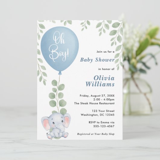 Oh Boy Elephant Eucalyptus Balloon Baby shower Kaart (Staand voorkant)