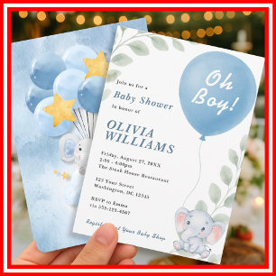 Oh Boy Elephant Eucalyptus Balloon Baby shower Kaart
