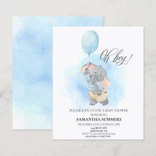 Oh Boy Elephant Waterverf Blue Baby shower (Voorkant / Achterkant)