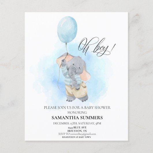 Oh Boy Elephant Waterverf Blue Baby shower (Voorkant)