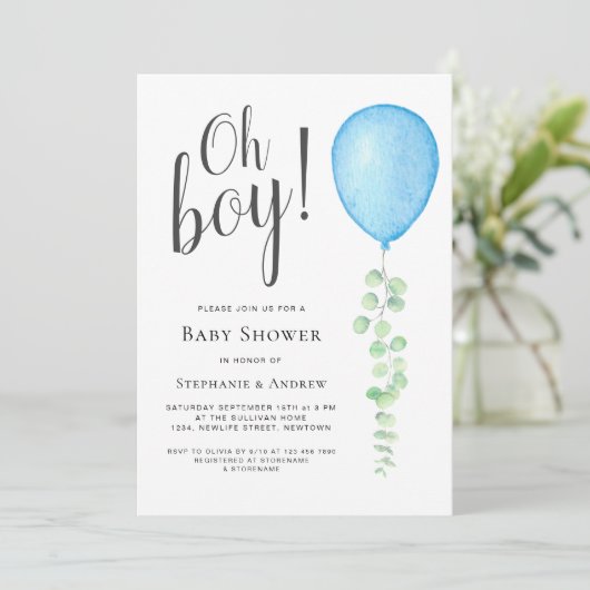 Oh Boy Eucalyptus Blauw Ballon Koppels Baby shower Kaart (Staand voorkant)