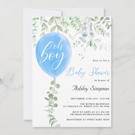 Oh boy eucalyptus blauw ballonnen baby shower kaart (Voorkant)
