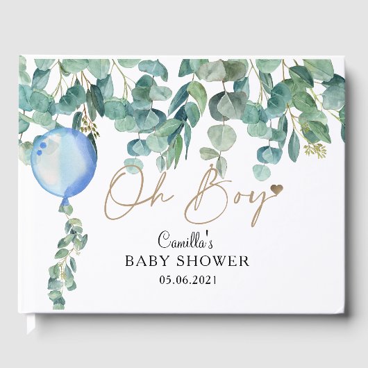 Oh Boy Eucalyptus Blue Balloon Baby shower Gastenboek (Voorkant)