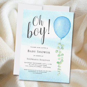 Oh Boy Eucalyptus Blue Balloon Baby shower Kaart