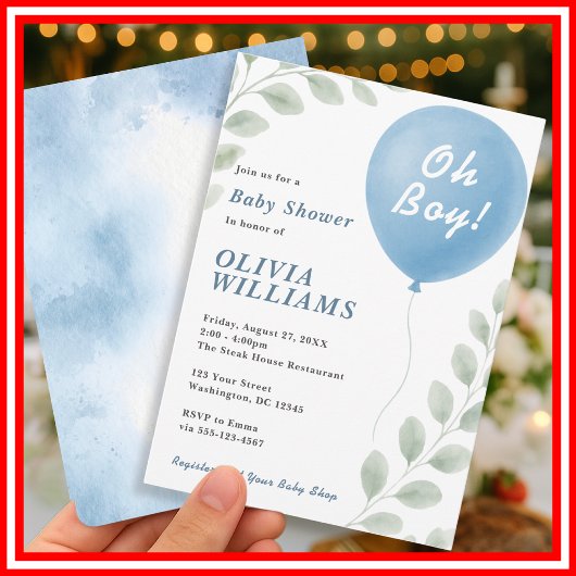 Oh Boy Eucalyptus Blue Balloon Baby shower Kaart