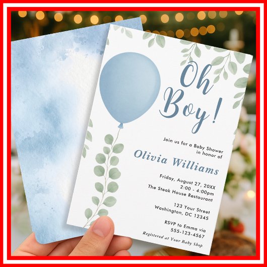 Oh Boy Eucalyptus Blue Balloon Baby Shower Kaart