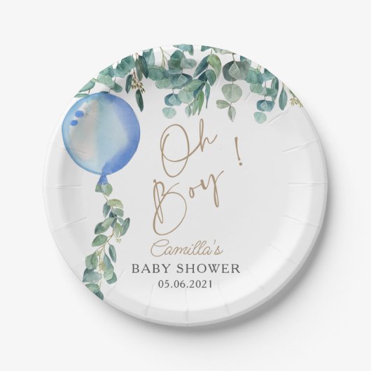 Oh Boy Eucalyptus Blue Balloon Baby shower Papieren Bordje (Voorkant)