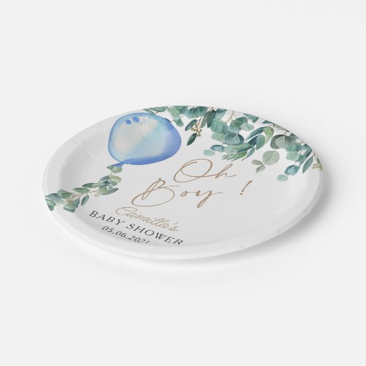 Oh Boy Eucalyptus Blue Balloon Baby shower Papieren Bordje (Gekanteld)