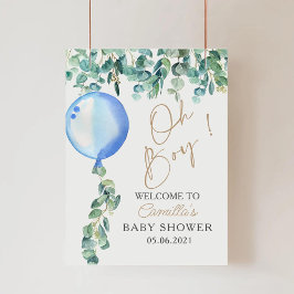 Oh Boy Eucalyptus Blue Balloon Baby shower Poster