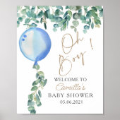 Oh Boy Eucalyptus Blue Balloon Baby shower Poster (Voorkant)