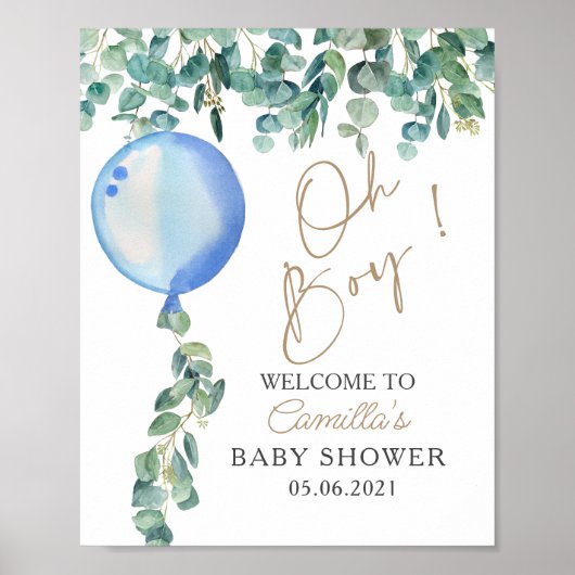 Oh Boy Eucalyptus Blue Balloon Baby shower Poster (Voorkant)