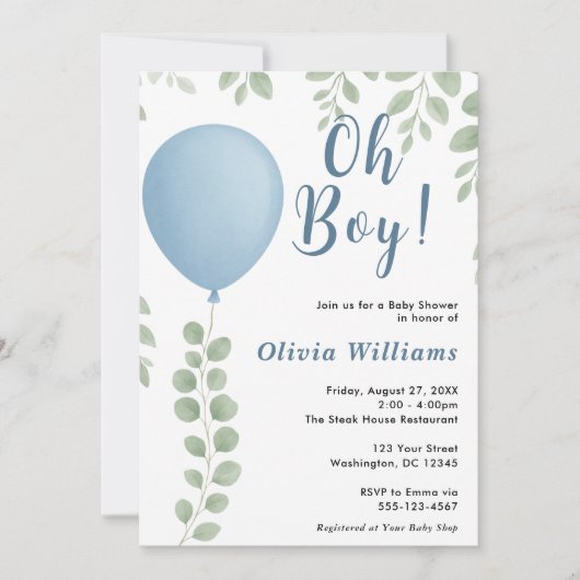 Oh Boy Eucalyptus Blue Balloon PHOTO Baby Shower Kaart (Voorkant)