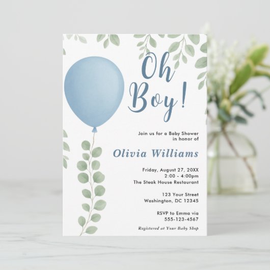 Oh Boy Eucalyptus Blue Balloon PHOTO Baby Shower Kaart (Staand voorkant)