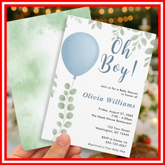 Oh Boy Eucalyptus Greenery Balloon Baby shower Kaart