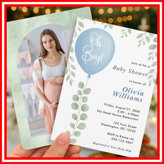 Oh Boy Eucalyptus Greenery PHOTO Baby Shower Kaart