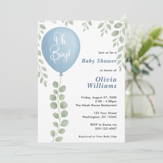 Oh Boy Eucalyptus Greenery PHOTO Baby Shower Kaart (Staand voorkant)