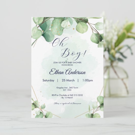 Oh Boy Eucalyptus verlaat Baby shower Invitation Kaart (Staand voorkant)