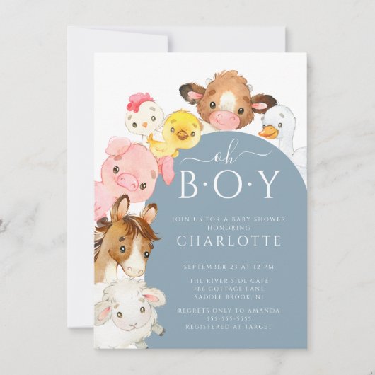 Oh Boy Farm Animals Shower Uitnodiging (Voorkant)
