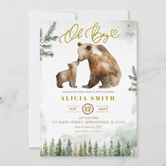 Oh Boy Forest Bear baby shower invitation Kaart (Voorkant)