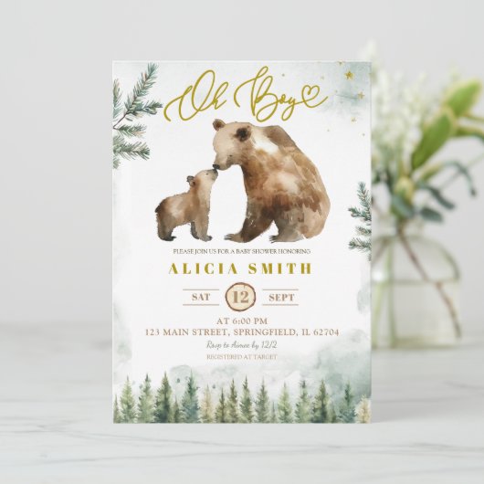 Oh Boy Forest Bear baby shower invitation Kaart (Staand voorkant)
