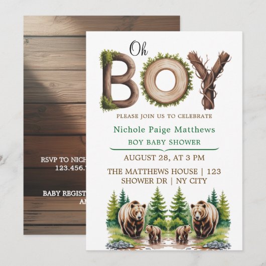 Oh Boy: Forest Wood Typography Beren Baby shower Kaart (Voorkant / Achterkant)