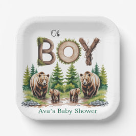 Oh Boy: Forest Wood Typography Beren Baby shower Papieren Bordje