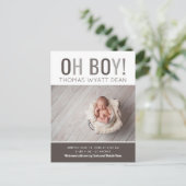 Oh Boy Foto Birth Announement Aankondigingskaart (Staand voorkant)