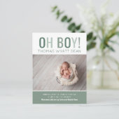 Oh Boy Foto Birth Announement Aankondigingskaart (Staand voorkant)