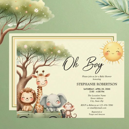 Oh boy fun safari animal boy baby shower kaart