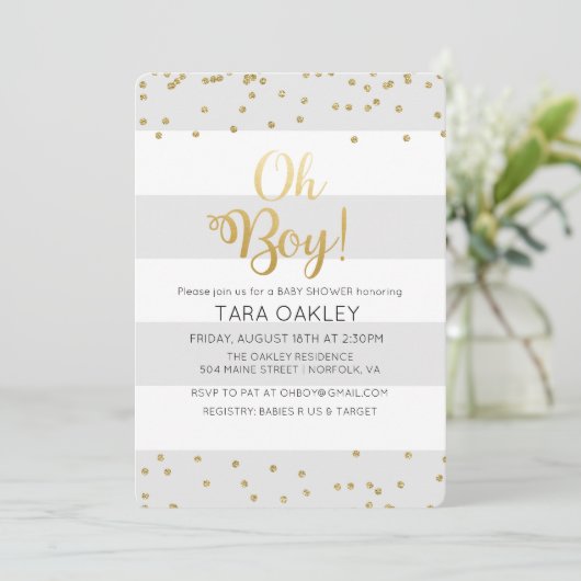 Oh Boy Glitter Confetti Baby shower Uitnodiging (Staand voorkant)
