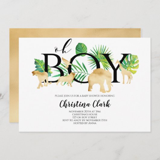 Oh boy! Gold Faux Oerwoud Animals Baby shower Kaart (Voorkant / Achterkant)