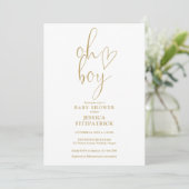 Oh Boy Gold Script Heart Boy Baby shower Kaart (Staand voorkant)
