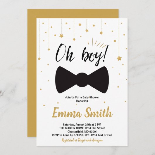Oh Boy Gold Stars Bow stropdas Baby shower Kaart (Voorkant / Achterkant)