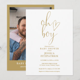 Oh Boy Gouden Hart Script Jongen Foto Baby Shower Kaart