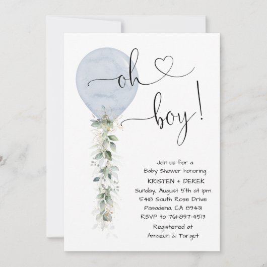 Oh Boy Greenery Balonon Baby shower, Dusty Blue Kaart (Voorkant)