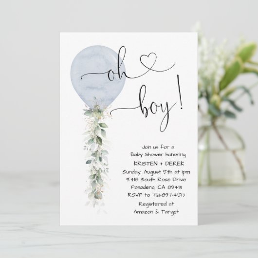 Oh Boy Greenery Balonon Baby shower, Dusty Blue Kaart (Staand voorkant)